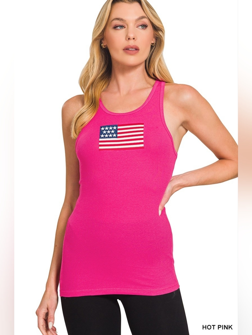 Zenana American Flag Embroidery Stretchy Ribbed Tank